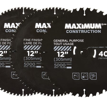 MAXIMUM 12-in 40/80T Carbide Tipped Circular Saw Blade Set for Wood, 3-pc