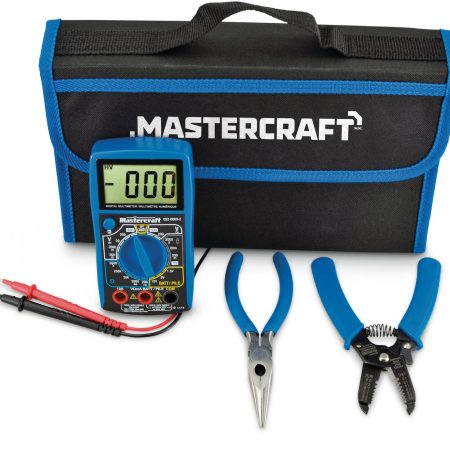 Mastercraft 5 Function, 9 Range Multimeter Kit with Carrying Case, Wire Strippers and Needlenose Pliers