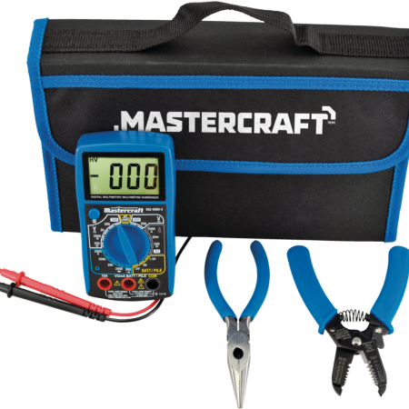 Mastercraft 5 Function, 9 Range Multimeter Kit with Carrying Case, Wire Strippers and Needlenose Pliers