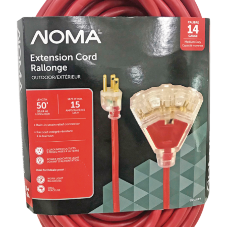 NOMA 25-ft 14/3 Outdoor Extension Cord with 3 Grounded Outlets and Lighted End, Red