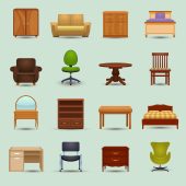 Furniture icons set with desk sofa bookshelf wardrobe office chair isolated vector illustration